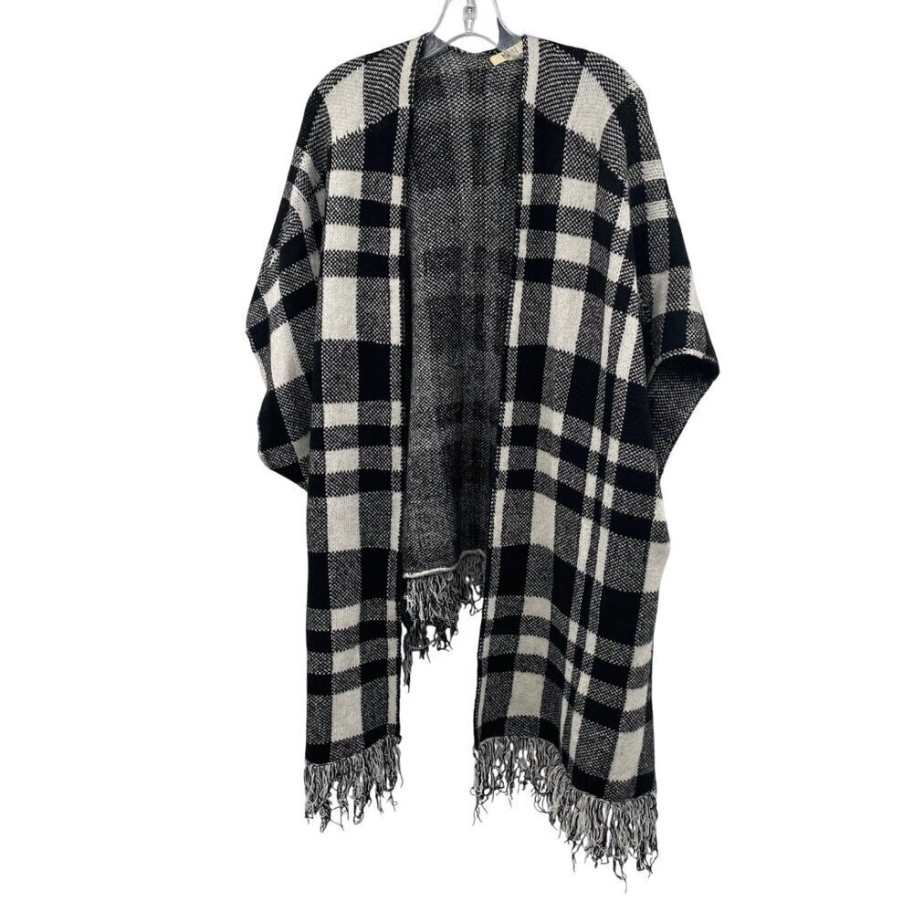 Kori America Women's Open Front Poncho Sweater Plaid Black/White S/M Fringe